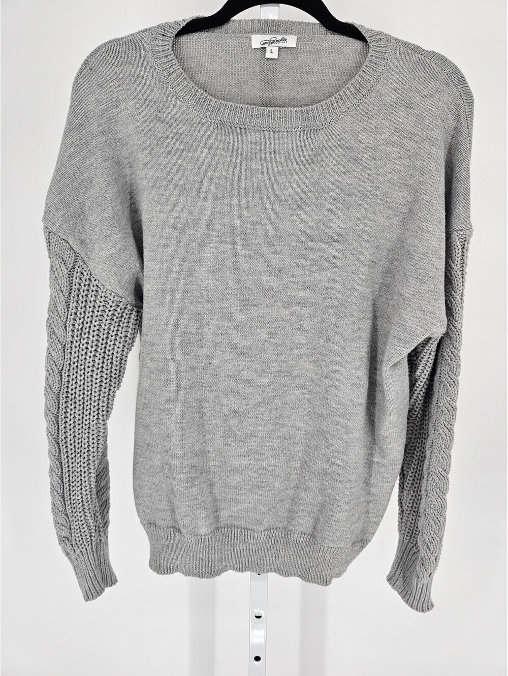 Magnolia Boutique Womens Sz L Crew Neck Knit Sweater Crochet Sleeves Gray